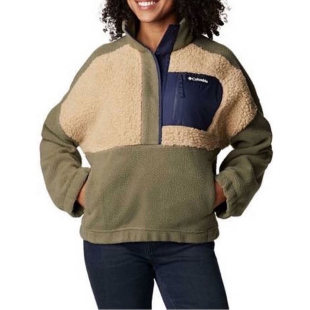 NWT Columbia Ladies' Half Snap Sherpa Fleece Pullover, Olive & Tan